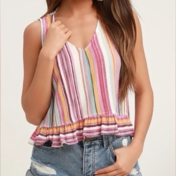 Lulu’s‎ Dreaming of Sunshine Pink Multi Striped Ruffled Cropped Tank Top - Picture 1 of 8